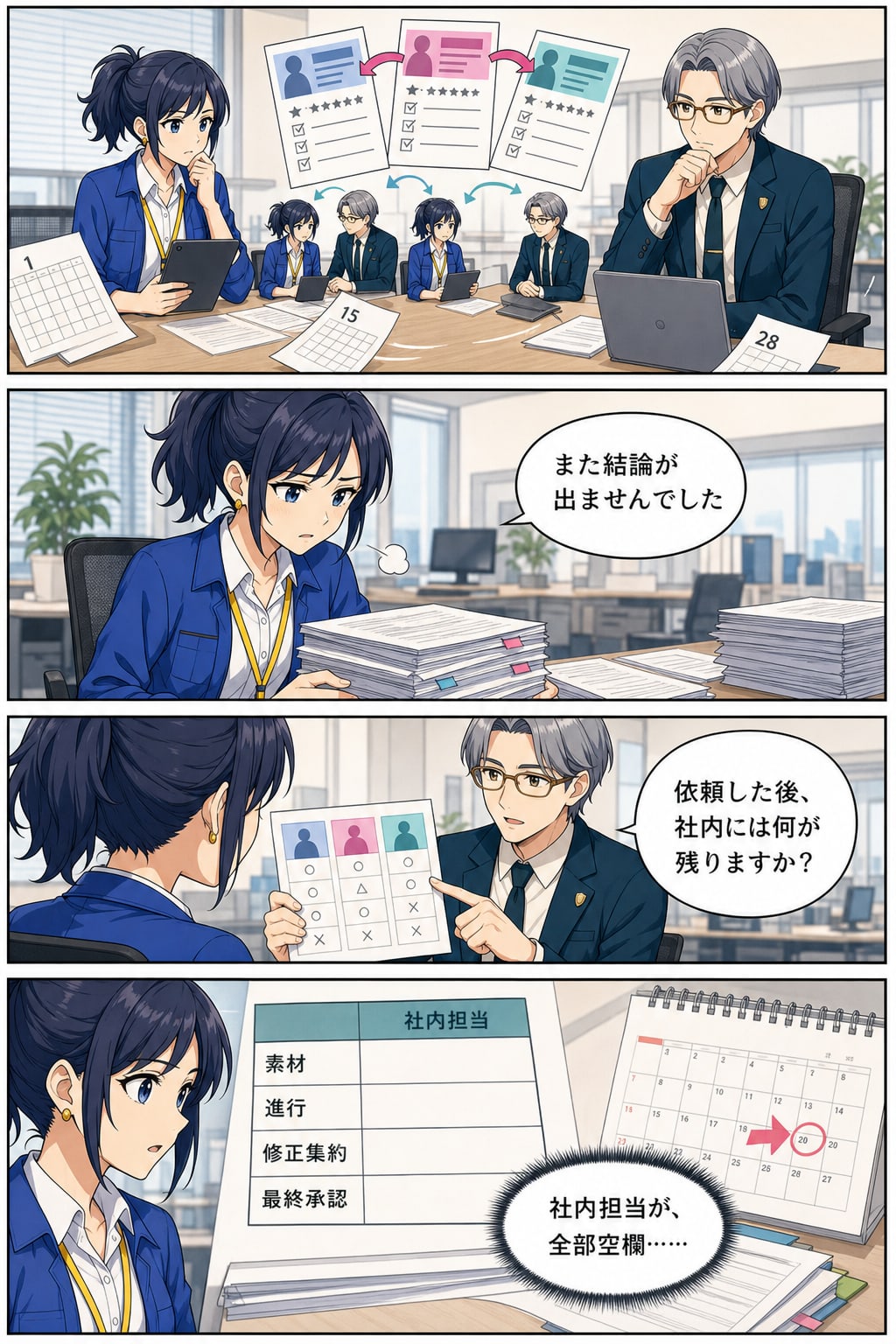 比較会議を重ねても決定できず、守谷セイジの質問で比較表の社内担当欄が空白だと気づく水城ナオの漫画2ページ目