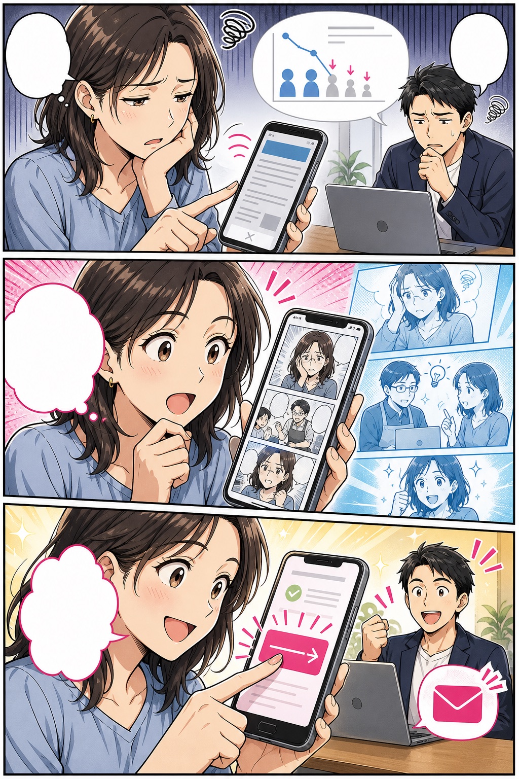 長文ページから離脱しかけた読者が、漫画で内容を理解し相談するまでの3コマ漫画