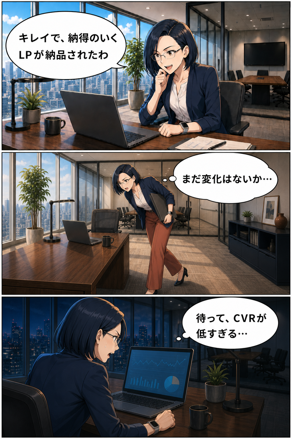 納品されたLPに期待するMIKAが、何度も画面を確認し、夜に低いCVRを見て焦る漫画