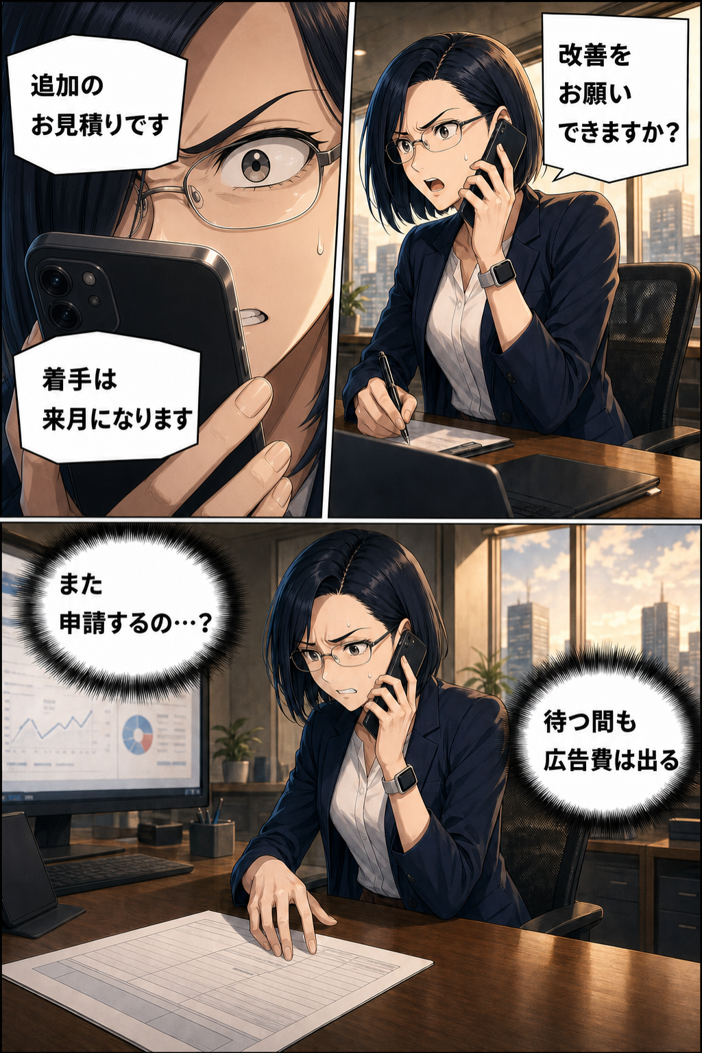 改善を頼んだMIKAが、追加見積もりと来月着手を告げられ、広告費と社内申請に焦る漫画