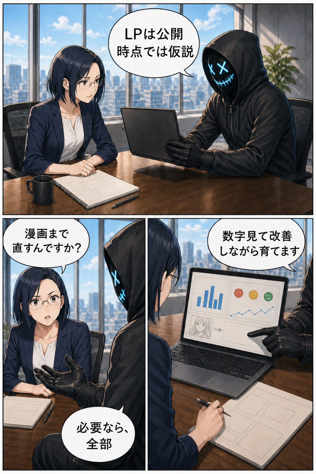 親バカ社長がLPは公開時点では仮説で、数字を見て改善しながら育てるとMIKAへ説明する漫画