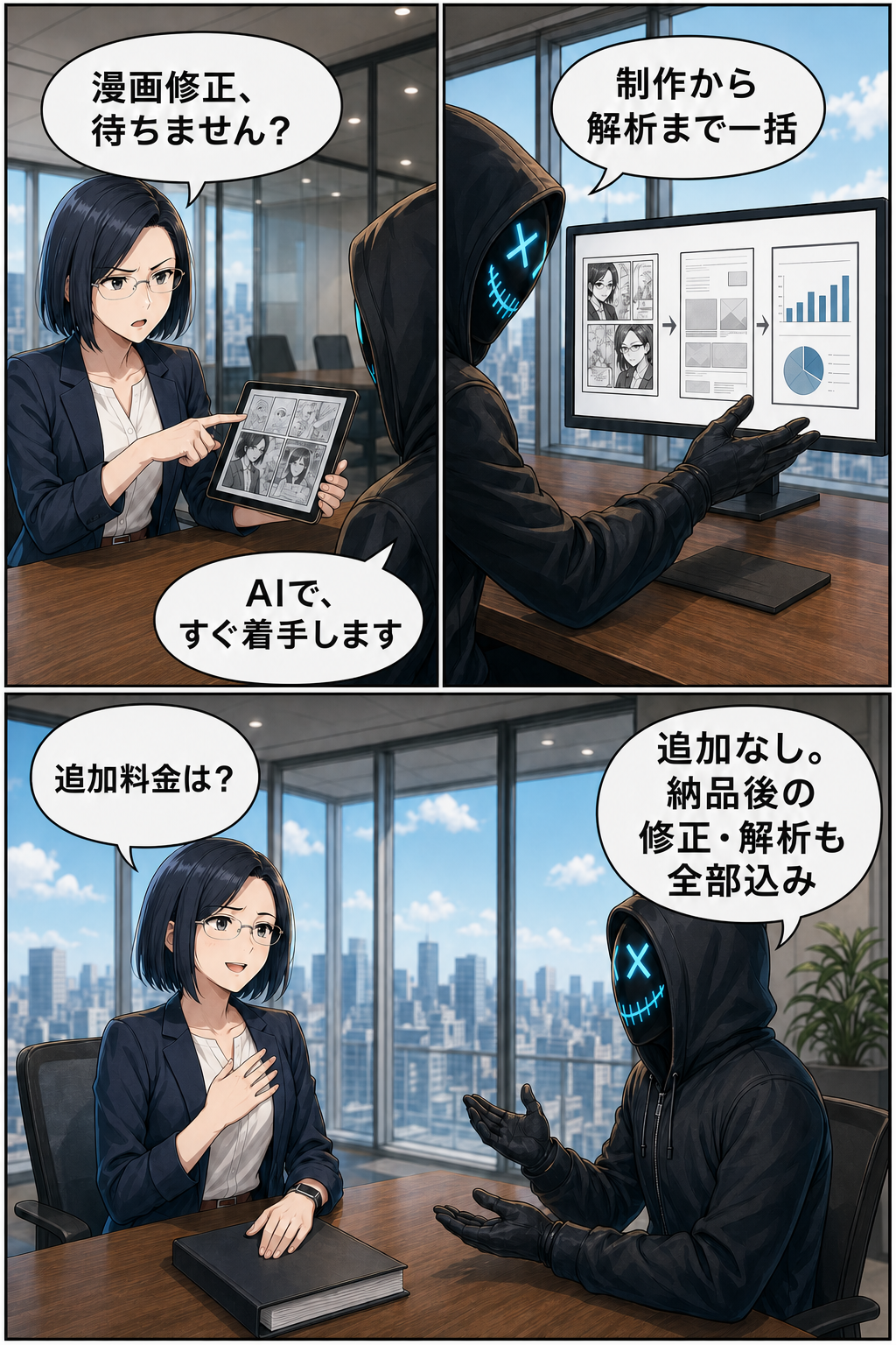 制作から解析まで一括し、漫画修正へAIですぐ着手し、追加料金もないと親バカ社長が説明する漫画