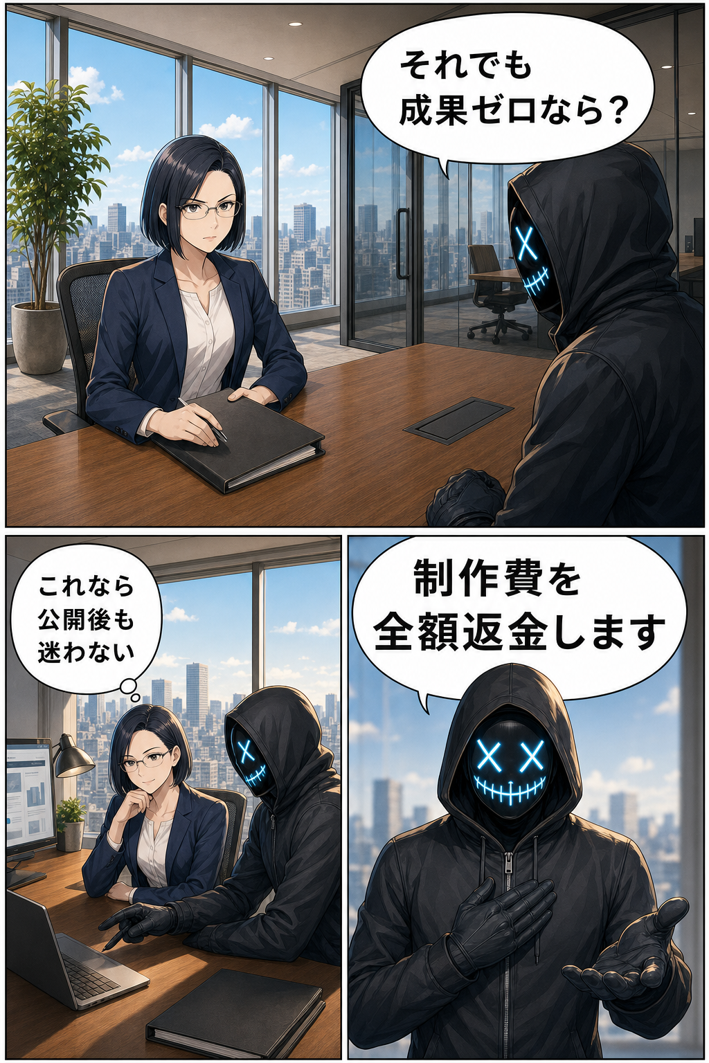 成果が0件の場合を心配するMIKAへ、親バカ社長が制作費の全額返金を約束する漫画