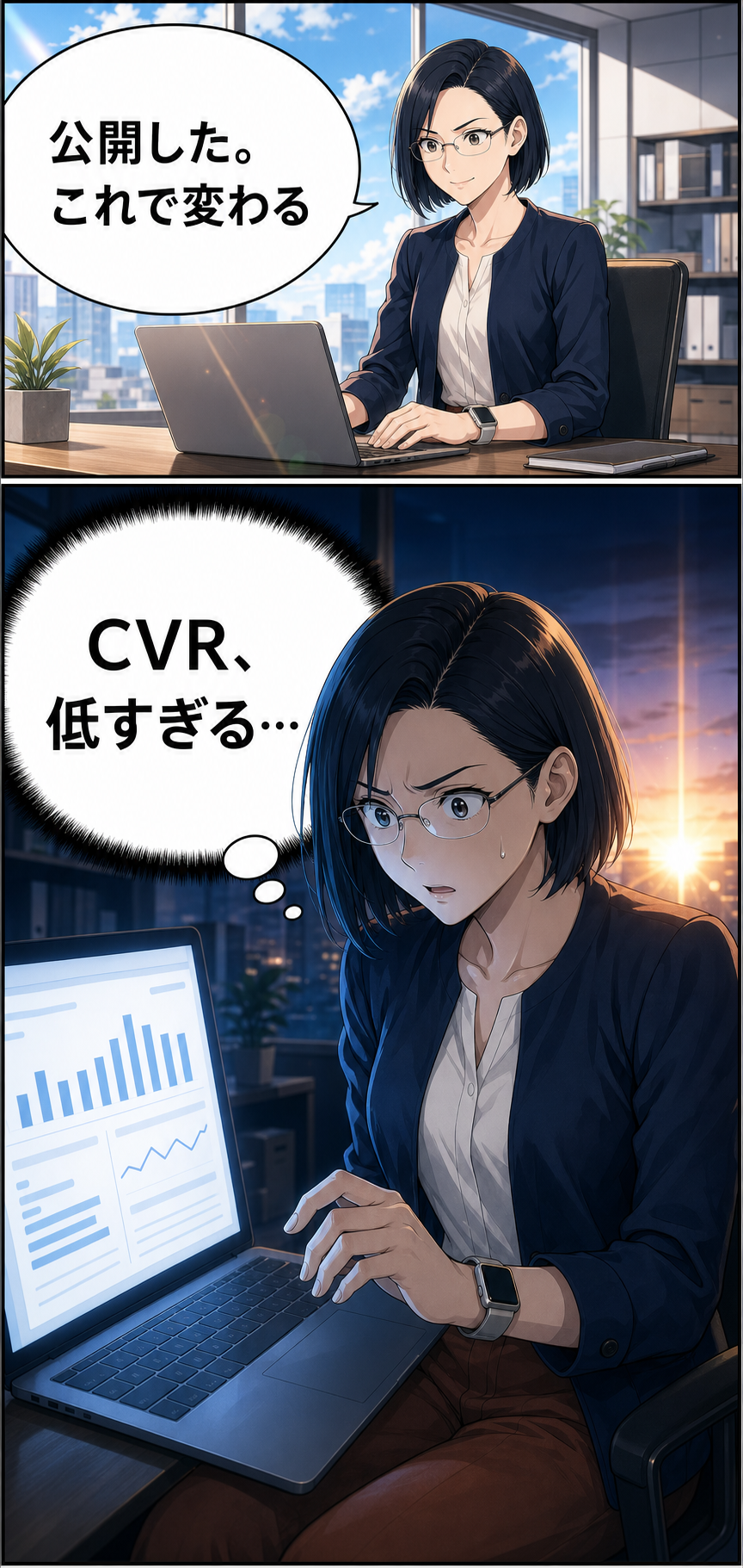 抽象的な期待からすぐCVR低下へ移る2コマ構成の漫画初案。期待から不安へ移る日常描写が不足している
