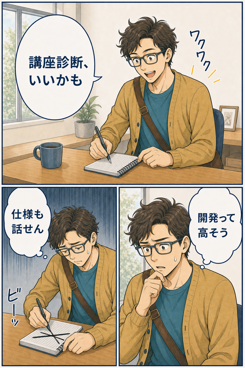 講座診断を思いついたSOTAが、開発費と仕様への不安からメモを消す漫画