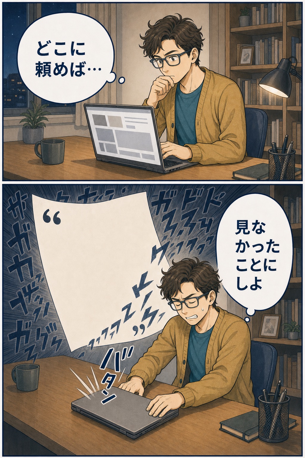依頼先を検索したSOTAが難しそうな情報に圧倒され、パソコンを閉じる漫画