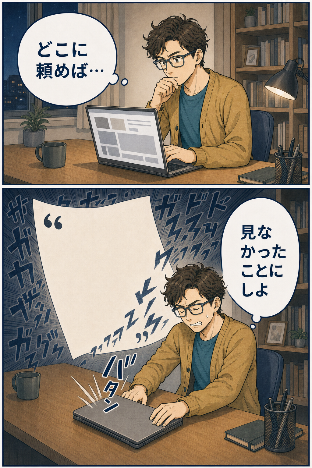 依頼先を検索したSOTAが難しそうな情報に圧倒され、パソコンを閉じる漫画