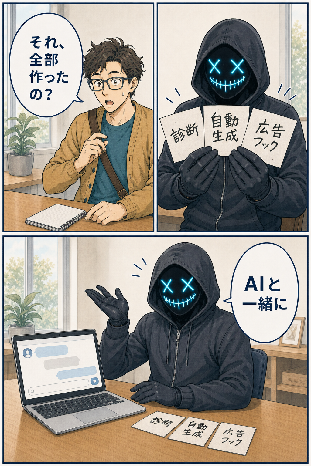 親バカ社長が診断・自動生成・広告フックの制作実績とAI活用を示す漫画
