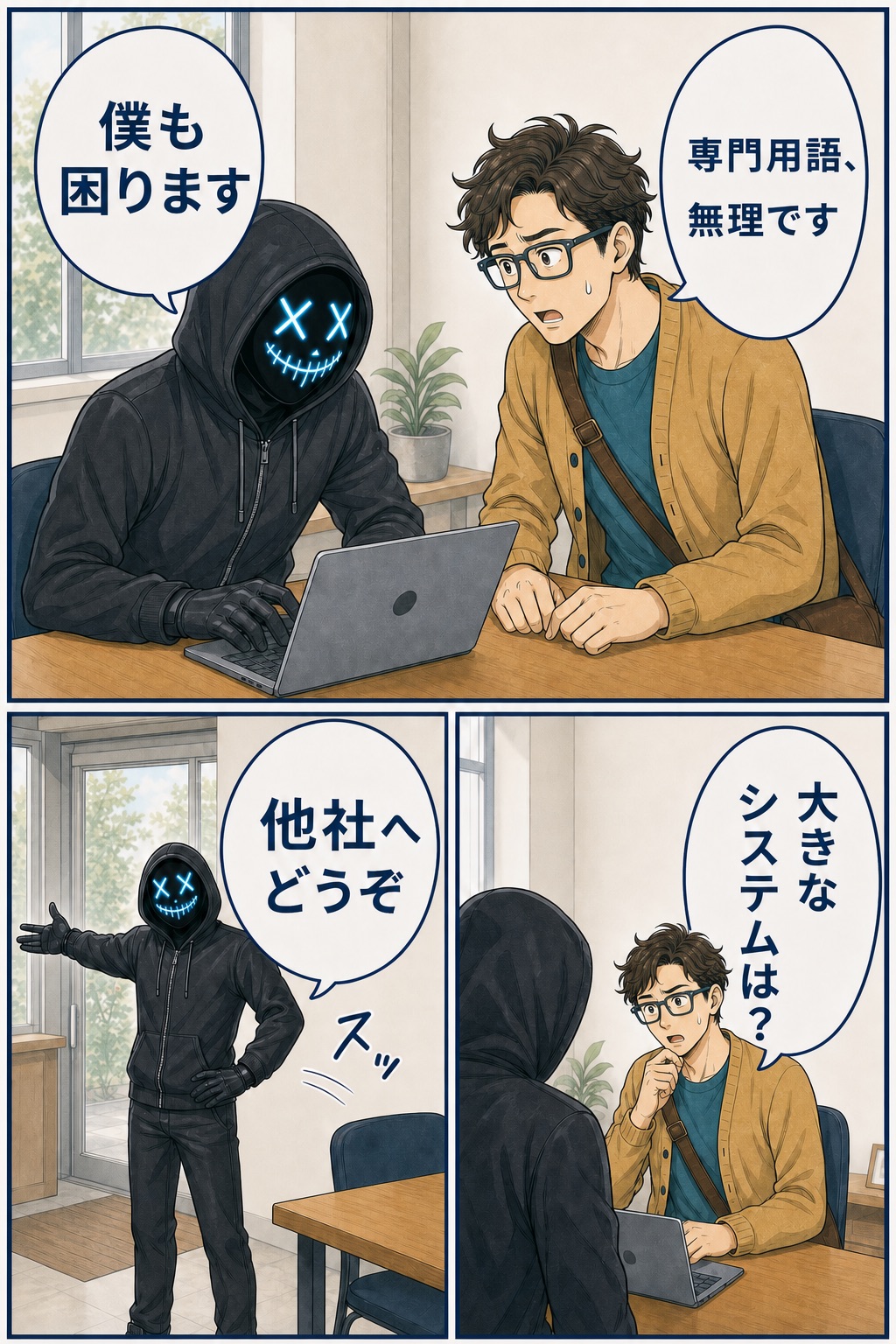 専門用語と大規模システムへの不安に、親バカ社長が正直に答える漫画
