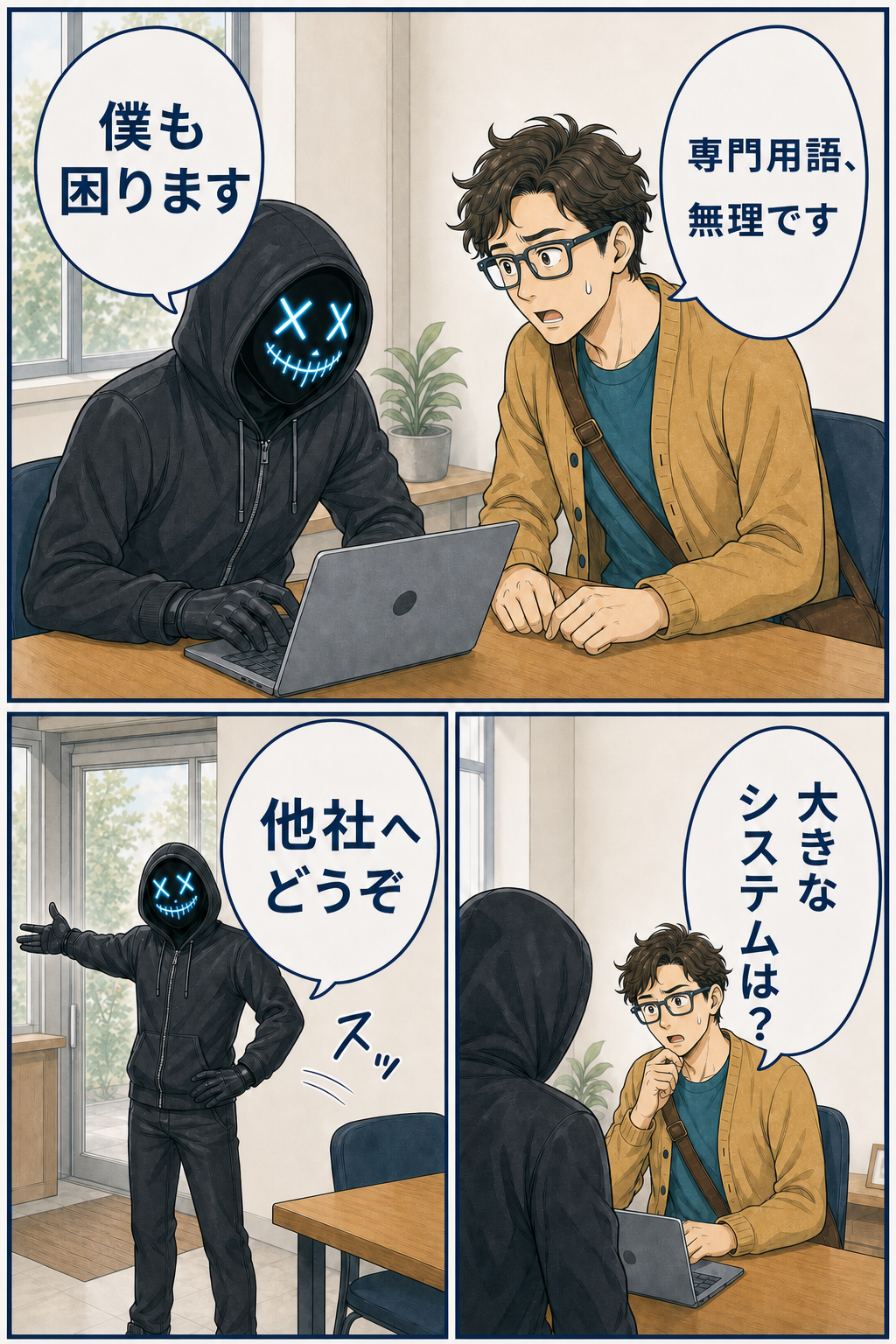 専門用語と大規模システムへの不安に、親バカ社長が正直に答える漫画