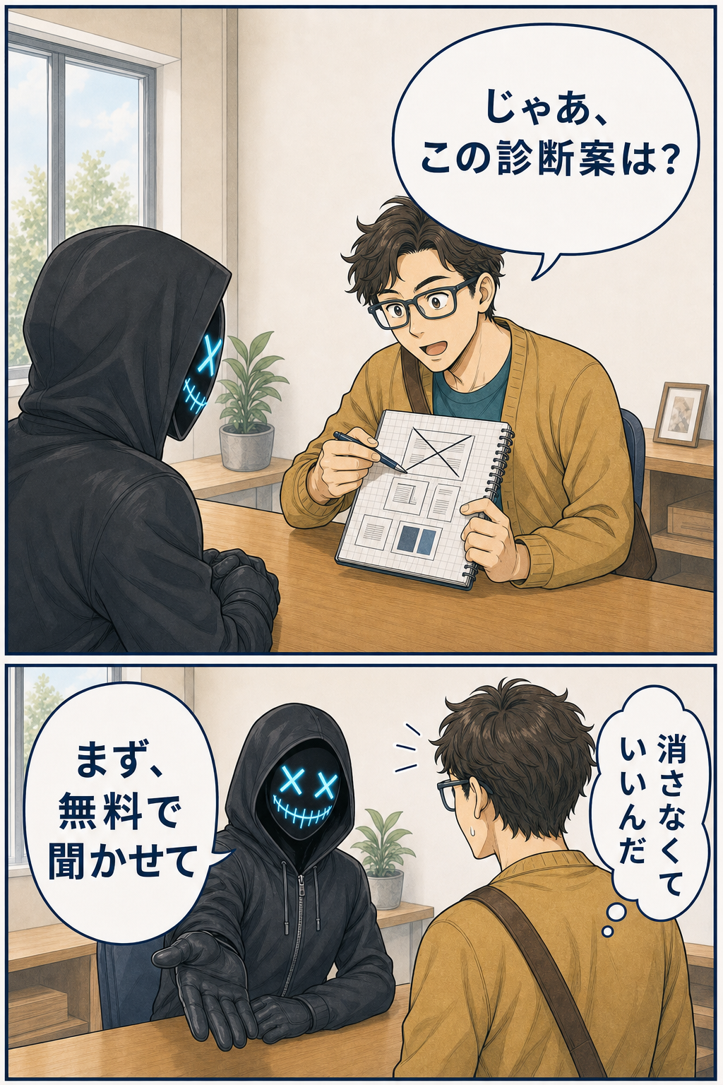 SOTAが消しかけた診断案を親バカ社長へ相談し、無料相談へ誘われる漫画